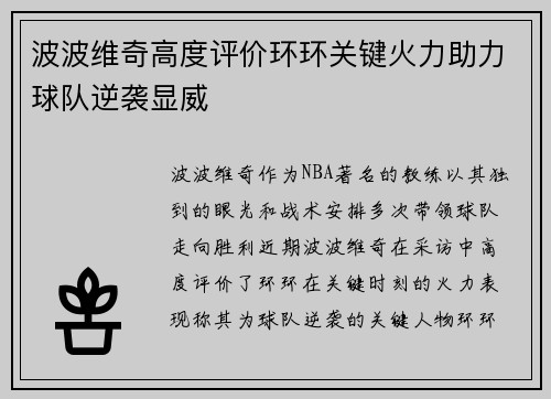 波波维奇高度评价环环关键火力助力球队逆袭显威 波波维奇高度评价环环关键火力助力球队逆袭显威