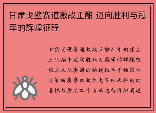 甘肃戈壁赛道激战正酣 迈向胜利与冠军的辉煌征程 甘肃戈壁赛道激战正酣 迈向胜利与冠军的辉煌征程