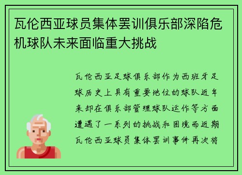 瓦伦西亚球员集体罢训俱乐部深陷危机球队未来面临重大挑战 瓦伦西亚球员集体罢训俱乐部深陷危机球队未来面临重大挑战
