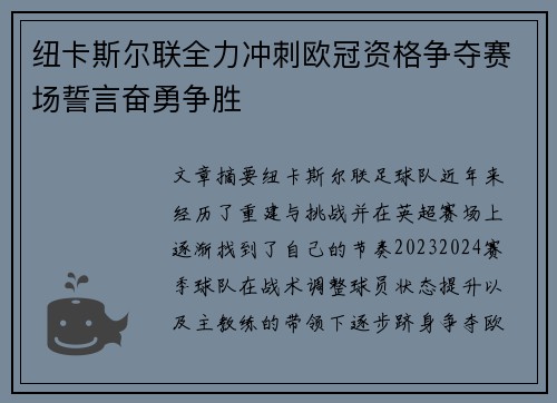 纽卡斯尔联全力冲刺欧冠资格争夺赛场誓言奋勇争胜 纽卡斯尔联全力冲刺欧冠资格争夺赛场誓言奋勇争胜