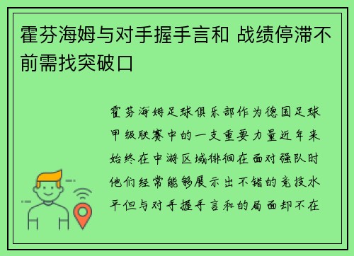霍芬海姆与对手握手言和 战绩停滞不前需找突破口 霍芬海姆与对手握手言和 战绩停滞不前需找突破口