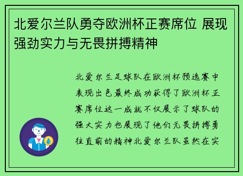 北爱尔兰队勇夺欧洲杯正赛席位 展现强劲实力与无畏拼搏精神 北爱尔兰队勇夺欧洲杯正赛席位 展现强劲实力与无畏拼搏精神