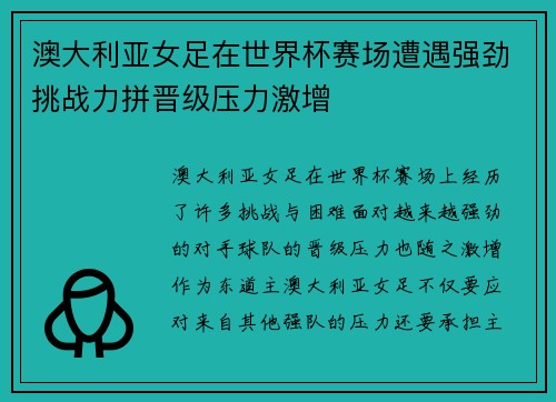 澳大利亚女足在世界杯赛场遭遇强劲挑战力拼晋级压力激增